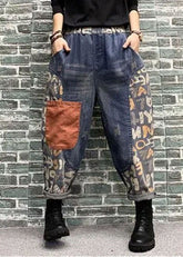 Blaue Haremshose aus Denim mit Patchwork-Print und Taschen